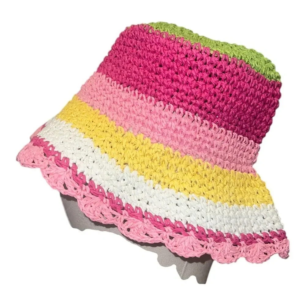 Gymboree Striped Straw Crochet Bucket Hat Wide Brim Pretty Lady Girls 8 & Up EUC